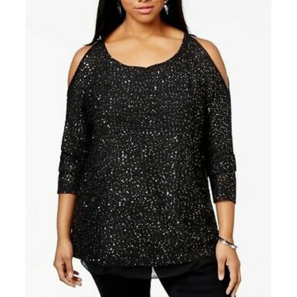 New Jessica Simpson Cold Shoulder Sweater 3X Black‎ Sequin Holiday Evening